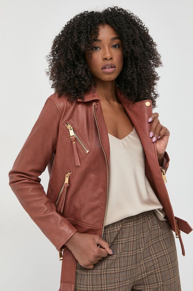 Шкіряна куртка Guess жіноча колір коричневий перехідна
