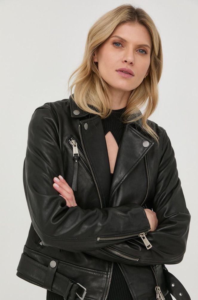 Шкіряна куртка Guess жіноча колір чорний перехідна