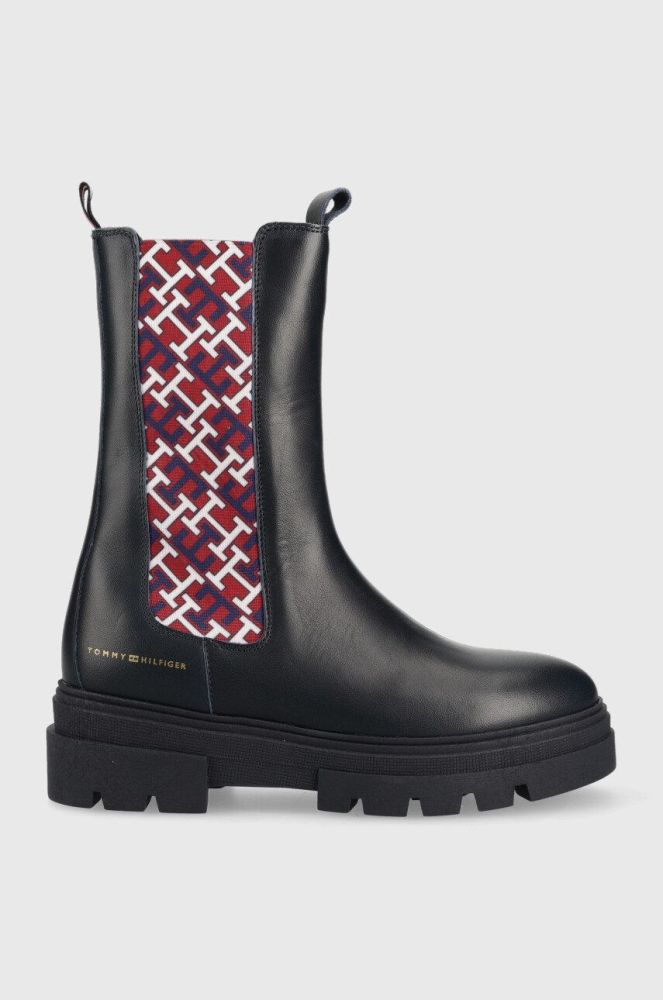 Шкіряні черевики Tommy Hilfiger Monogram Chelsea Boot жіночі колір синій на плоскому ходу