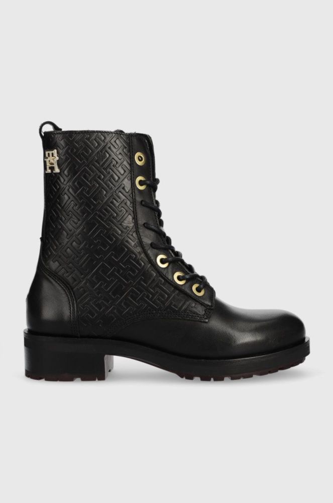 Шкіряні черевики Tommy Hilfiger Th Monogram Biker Boot жіночі колір чорний на плоскому ходу