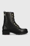 Шкіряні черевики Tommy Hilfiger Th Monogram Biker Boot жіночі колір чорний на плоскому ходу Шкіряні черевики Tommy Hilfiger Th Monogram Biker Boot жіночі колір чорний на плоскому ходу