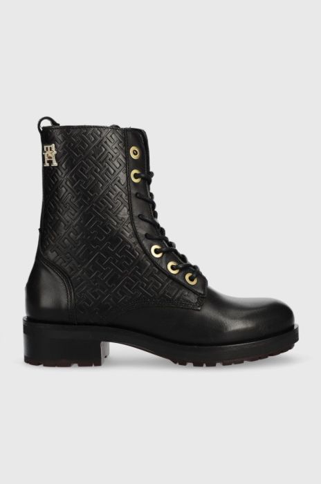 Шкіряні черевики Tommy Hilfiger Th Monogram Biker Boot жіночі колір чорний на плоскому ходу Шкіряні черевики Tommy Hilfiger Th Monogram Biker Boot жіночі колір чорний на плоскому ходу
