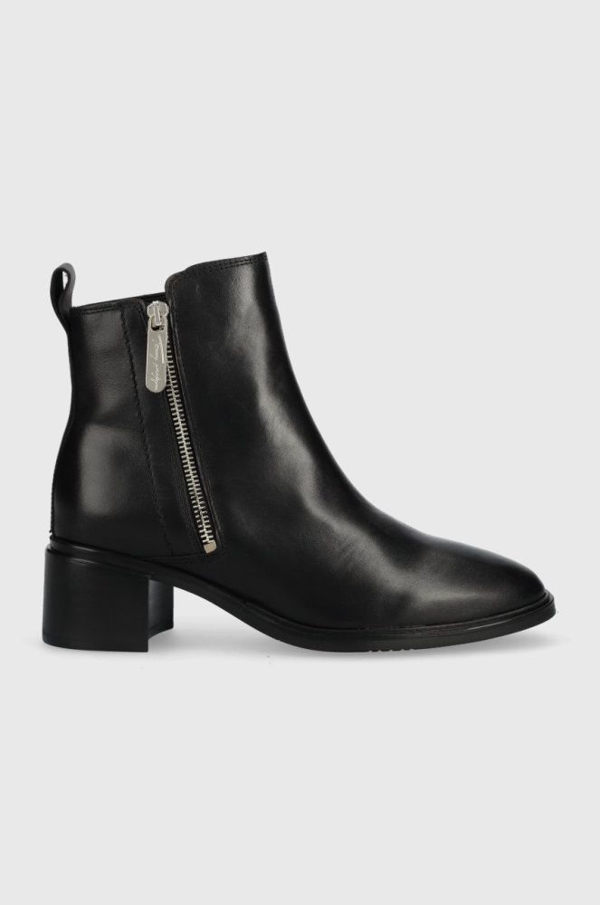 Шкіряні черевики Tommy Hilfiger Zip Leather Mid Heel Boot жіночі колір чорний каблук блок