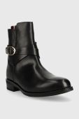 Шкіряні черевики Tommy Hilfiger Th Belt Flat Boot жіночі колір чорний на плоскому ходу