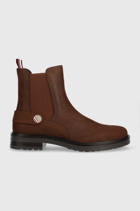 Замшеві черевики Tommy Hilfiger Th Coin Flat Boot жіночі колір коричневий на плоскому ходу Замшеві черевики Tommy Hilfiger Th Coin Flat Boot жіночі колір коричневий на плоскому ходу