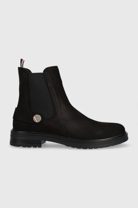 Замшеві черевики Tommy Hilfiger Th Coin Flat Boot жіночі колір чорний на плоскому ходу Замшеві черевики Tommy Hilfiger Th Coin Flat Boot жіночі колір чорний на плоскому ходу