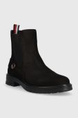 Замшеві черевики Tommy Hilfiger Th Coin Flat Boot жіночі колір чорний на плоскому ходу Замшеві черевики Tommy Hilfiger Th Coin Flat Boot жіночі колір чорний на плоскому ходу