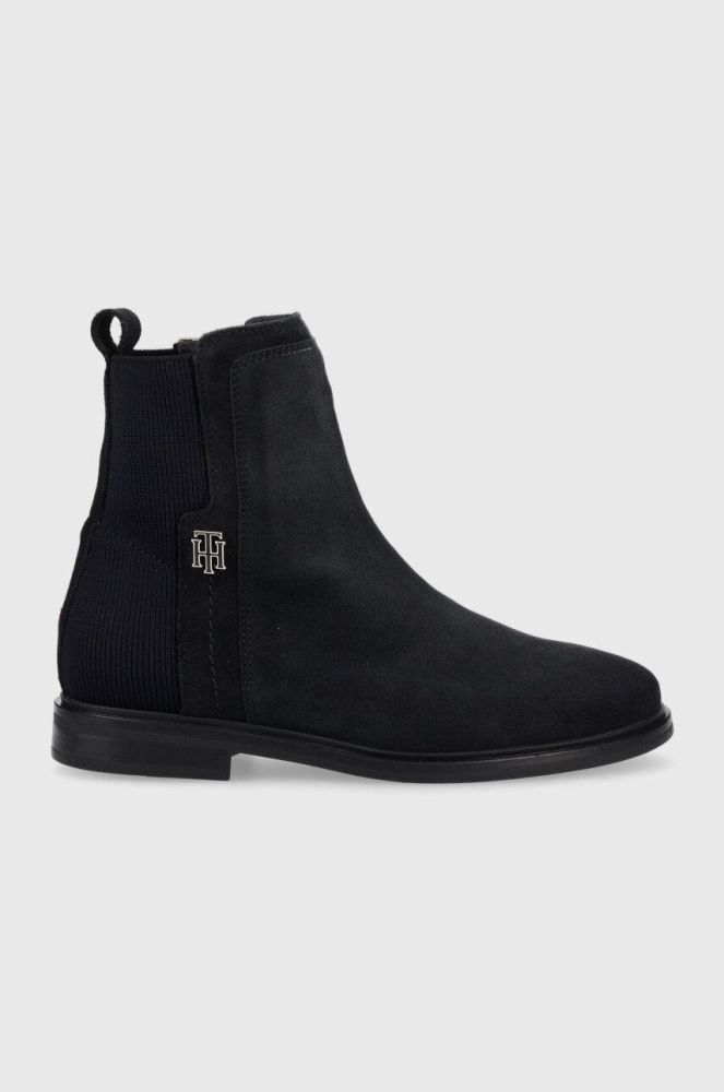 Замшеві черевики Tommy Hilfiger Th Essentials Flat Boot жіночі колір синій на плоскому ходу