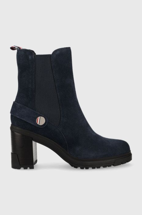 Замшеві черевики Tommy Hilfiger Outdoor High Heel Boot жіночі колір синій каблук блок Замшеві черевики Tommy Hilfiger Outdoor High Heel Boot жіночі колір синій каблук блок