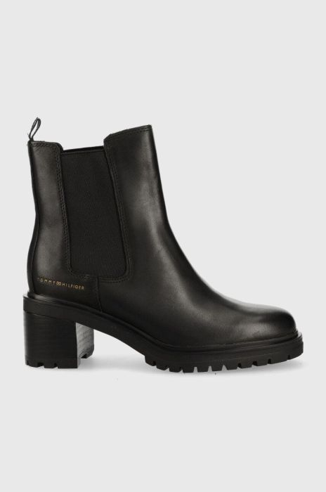 Шкіряні черевики Tommy Hilfiger Outdoor Chelsea Mid Heel Boot жіночі колір чорний каблук блок Шкіряні черевики Tommy Hilfiger Outdoor Chelsea Mid Heel Boot жіночі колір чорний каблук блок