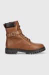 Шкіряні черевики Tommy Hilfiger Buckle Lace Up жіночі колір коричневий на плоскому ходу Шкіряні черевики Tommy Hilfiger Buckle Lace Up жіночі колір коричневий на плоскому ходу