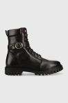 Шкіряні черевики Tommy Hilfiger Buckle Lace Up Boot жіночі колір чорний на плоскому ходу Шкіряні черевики Tommy Hilfiger Buckle Lace Up Boot жіночі колір чорний на плоскому ходу