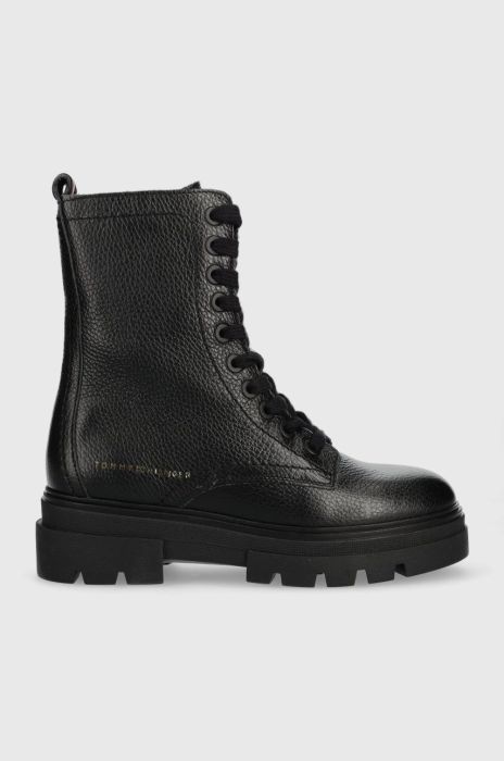 Шкіряні черевики Tommy Hilfiger Monochromatic Lace Up Boot жіночі колір чорний на плоскому ходу