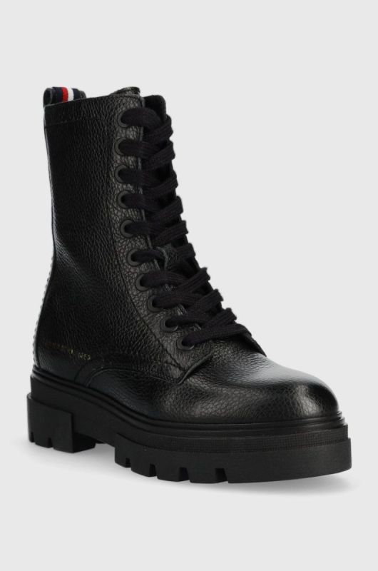 Шкіряні черевики Tommy Hilfiger Monochromatic Lace Up Boot жіночі колір чорний на плоскому ходу фото 2