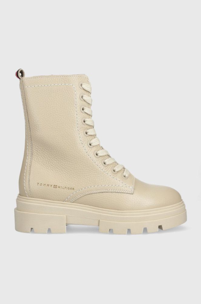 Шкіряні черевики Tommy Hilfiger Monochromatic Lace Up Boot жіночі колір бежевий на плоскому ходу