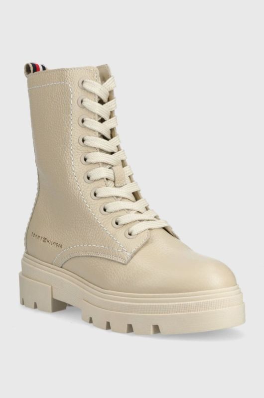 Шкіряні черевики Tommy Hilfiger Monochromatic Lace Up Boot жіночі колір бежевий на плоскому ходу фото 2