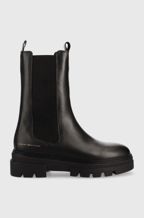 Шкіряні черевики Tommy Hilfiger Monochromatic Chelsea Boot жіночі колір чорний на плоскому ходу Шкіряні черевики Tommy Hilfiger Monochromatic Chelsea Boot жіночі колір чорний на плоскому ходу