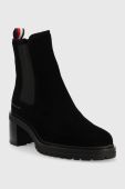 Замшеві черевики Tommy Hilfiger Outdoor Chelsea Mid Heel Boot жіночі колір чорний каблук блок