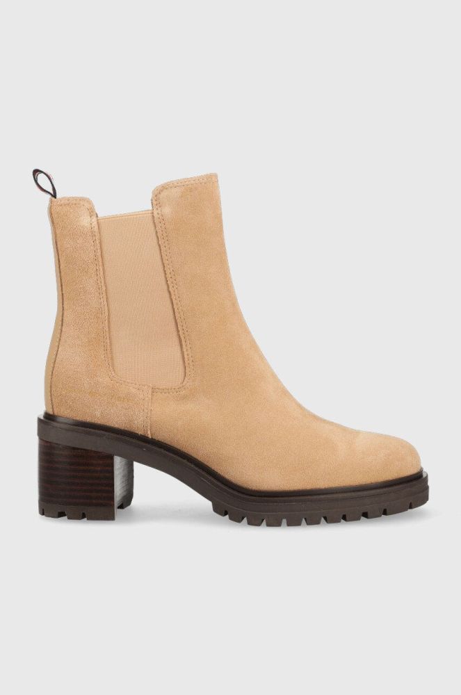 Замшеві черевики Tommy Hilfiger Outdoor Chelsea Mid Heel Boot жіночі колір бежевий каблук блок