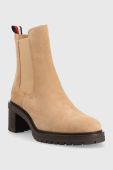 Замшеві черевики Tommy Hilfiger Outdoor Chelsea Mid Heel Boot жіночі колір бежевий каблук блок Замшеві черевики Tommy Hilfiger Outdoor Chelsea Mid Heel Boot жіночі колір бежевий каблук блок
