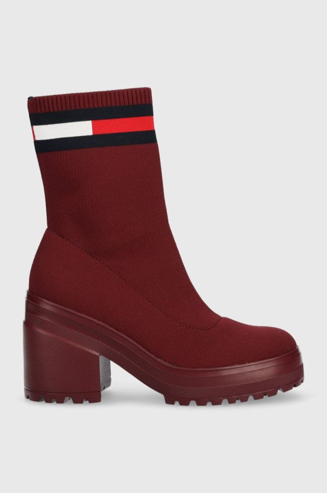 Черевики Tommy Jeans Water Resistent Knitted Boot жіночі колір бордовий каблук блок