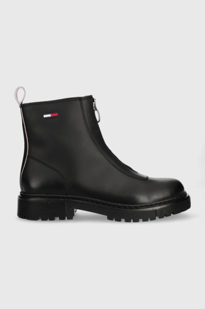 Шкіряні черевики Tommy Jeans Tommy Jeans Zip Boot жіночі колір чорний на плоскому ходу