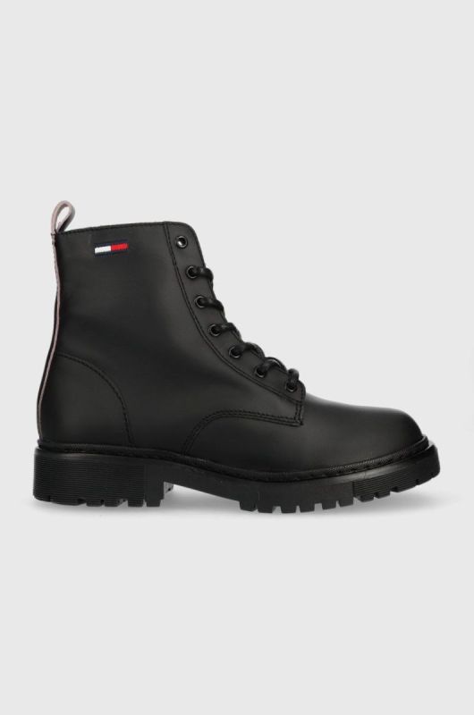Черевики Tommy Jeans Tommy Jeans Lace Up Flat Boot жіночі колір чорний на плоскому ходу
