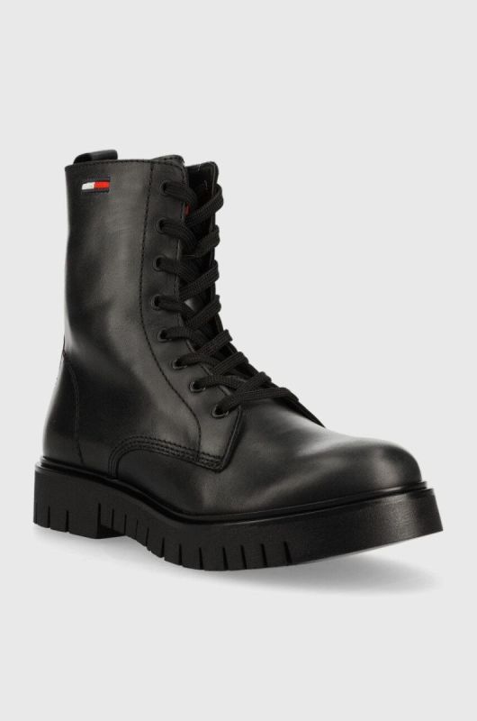 Шкіряні черевики Tommy Jeans Tommy Jeans Lace Up Wmns Boot жіночі колір чорний на плоскому ходу фото 2