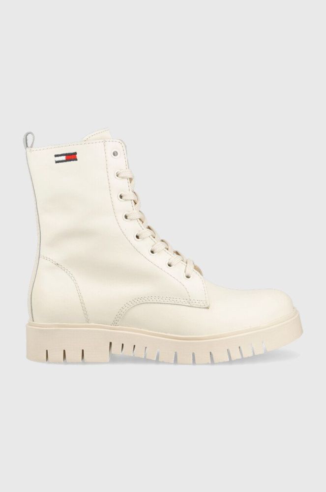 Шкіряні черевики Tommy Jeans Tommy Jeans Lace Up Wmns Boot жіночі колір бежевий на плоскому ходу