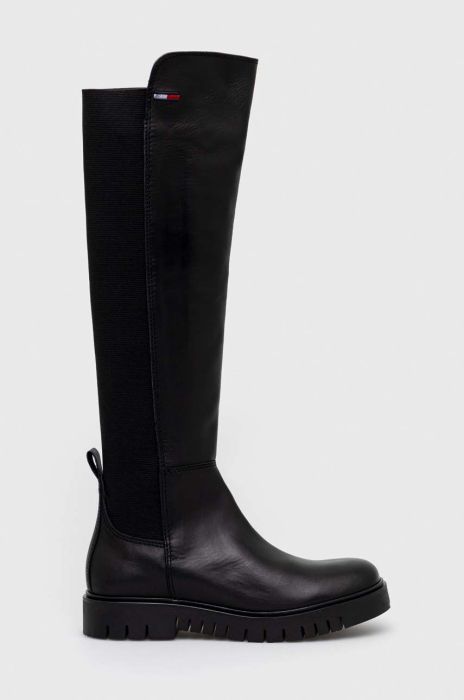 Чоботи Tommy Jeans Long Leather Tommy Jeans Boot жіночі колір чорний на платформі Чоботи Tommy Jeans Long Leather Tommy Jeans Boot жіночі колір чорний на платформі