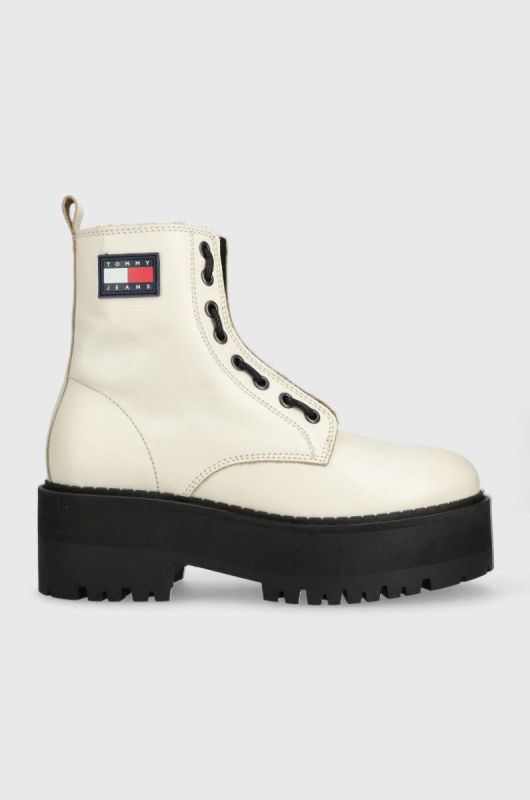 Шкіряні черевики Tommy Jeans Tamy Higher 3A - Zip Up жіночі колір бежевий на платформі