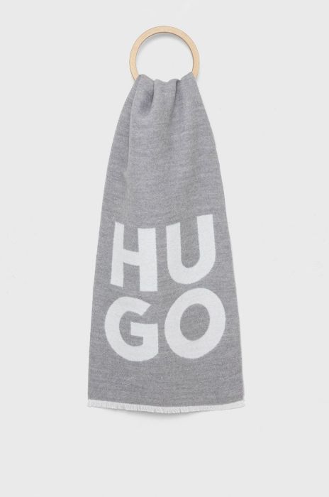 Вовняний шарф HUGO колір сірий з принтом