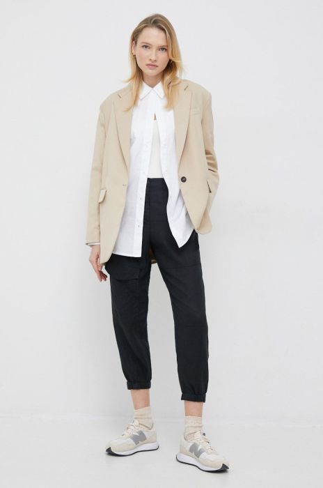 Льняні штани Dkny жіночі колір чорний висока посадка