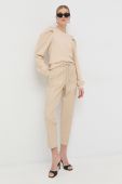 Бавовняні штани BOSS жіночі колір бежевий пряме висока посадка