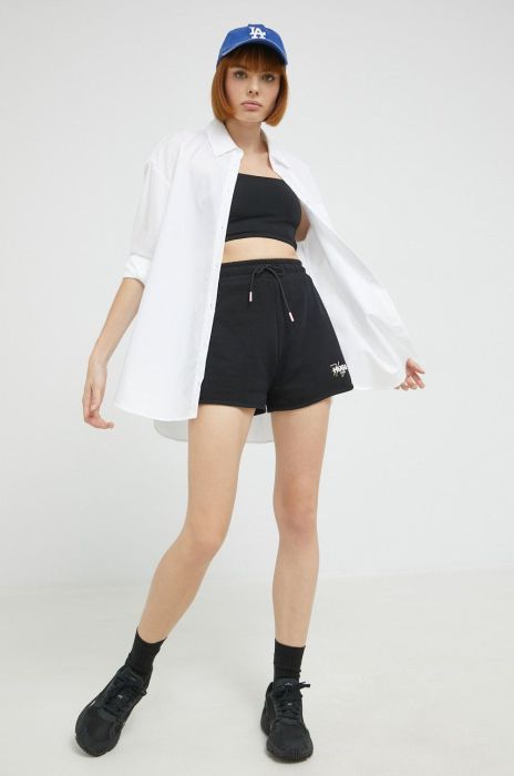 Бавовняні шорти HUGO жіночі колір чорний однотонні висока посадка