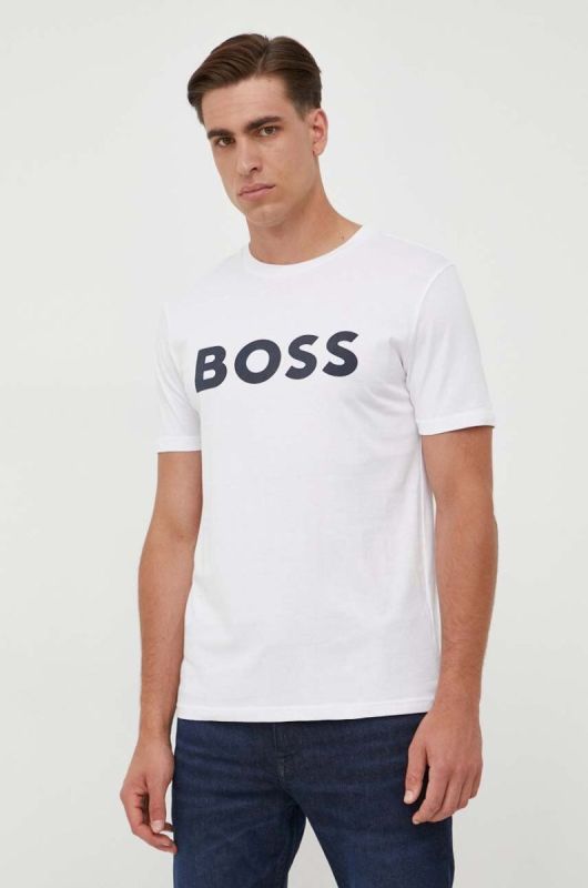 Бавовняна футболка BOSS Boss Casual колір бежевий з принтом