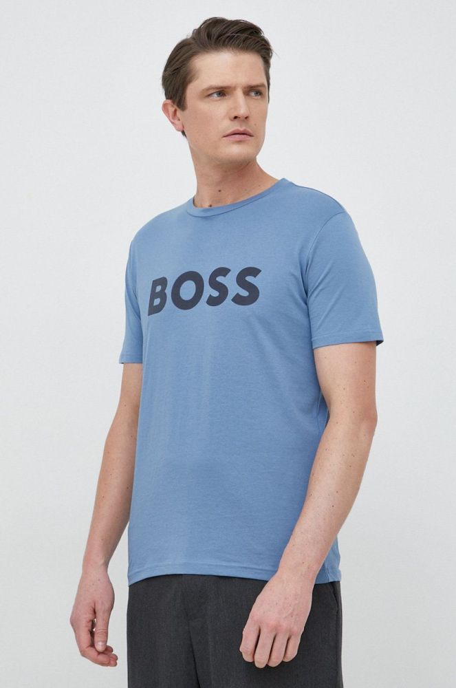 Бавовняна футболка BOSS Boss Casual з принтом колір блакитний (2822882)