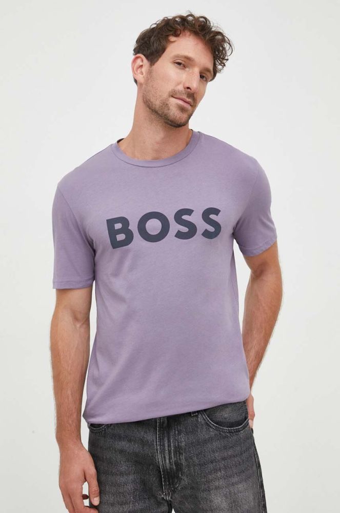 Бавовняна футболка BOSS BOSS CASUAL колір фіолетовий з принтом