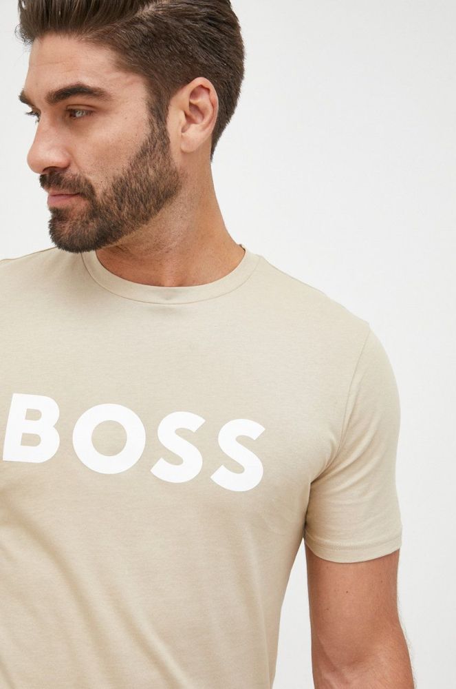 Бавовняна футболка BOSS BOSS CASUAL колір бежевий з принтом