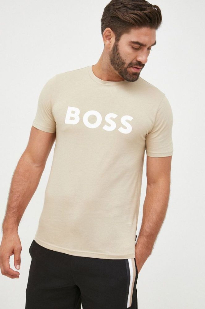 Бавовняна футболка BOSS Boss Casual колір бежевий з принтом фото 3