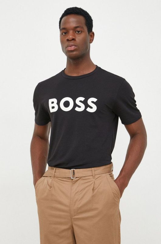 Бавовняна футболка BOSS Boss Casual колір чорний з принтом