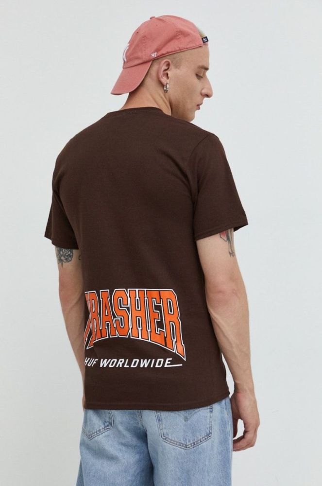 Бавовняна футболка HUF X Trasher колір коричневий з принтом фото 3