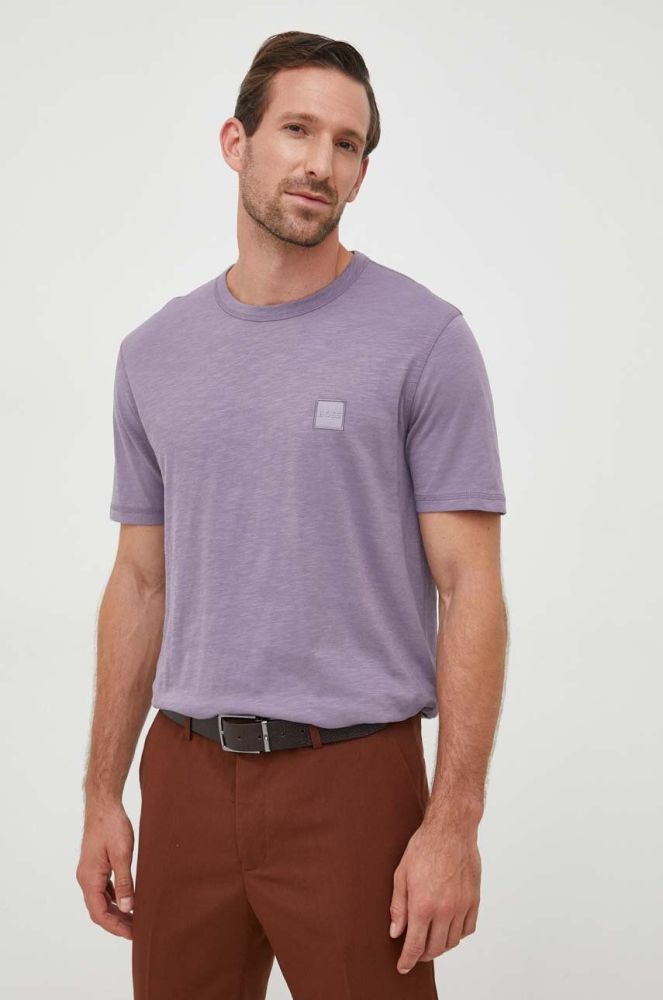 Бавовняна футболка BOSS BOSS CASUAL колір фіолетовий з аплікацією