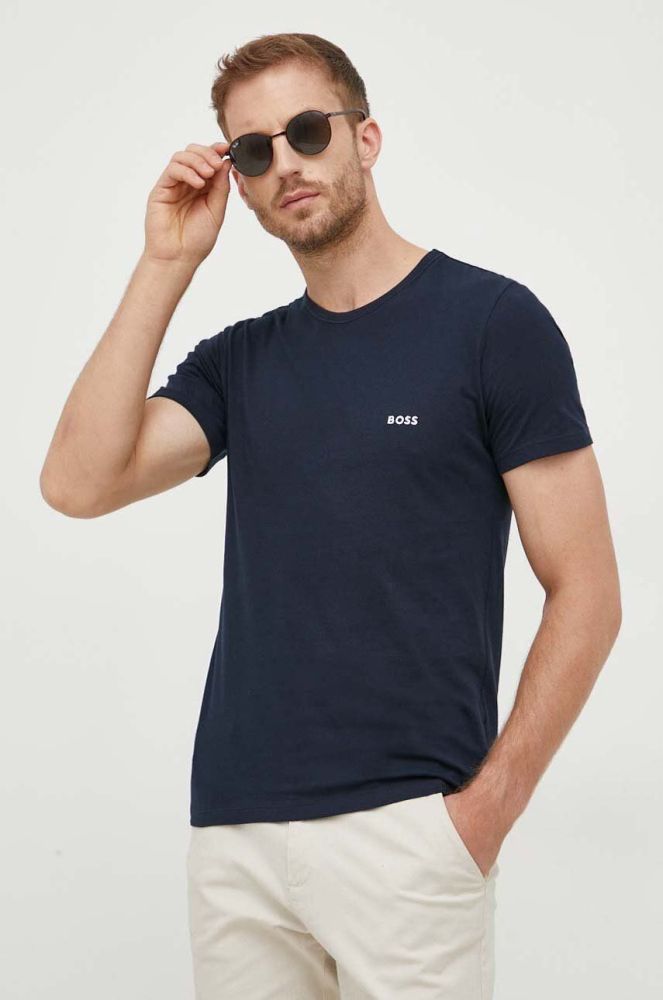 Бавовняна футболка BOSS 3-pack колір синій однотонний