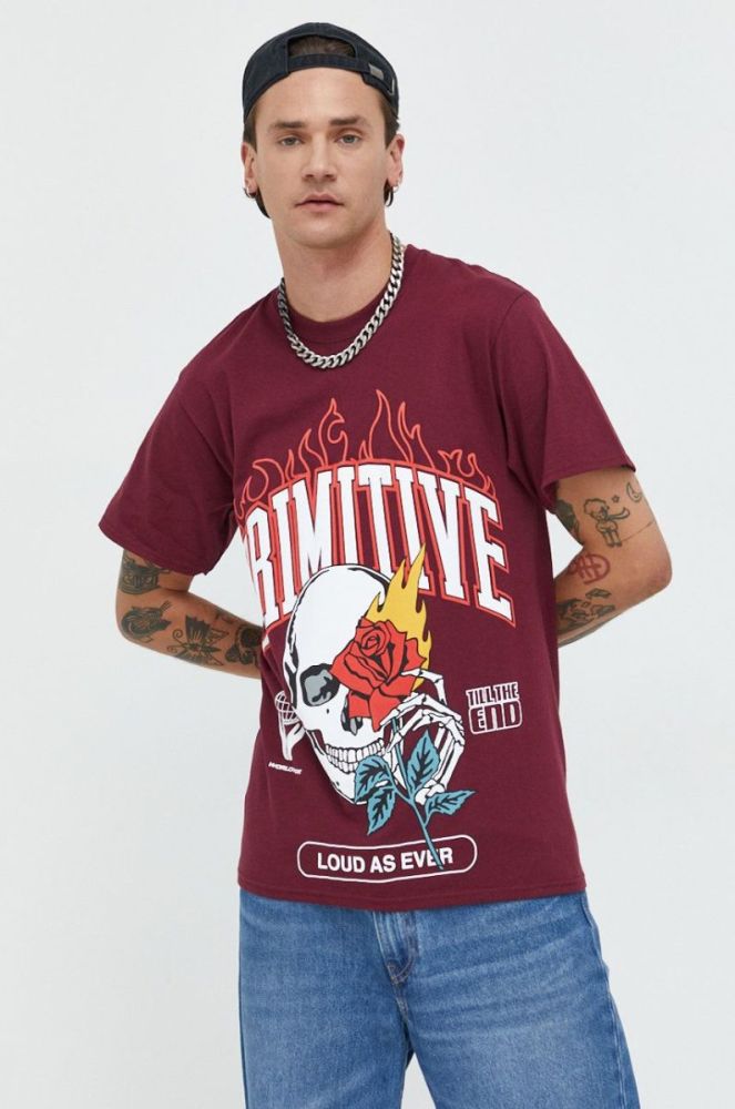 Бавовняна футболка Primitive колір бордовий з принтом (2725457) фото 3