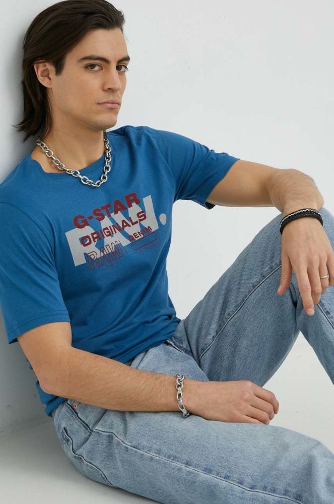 Бавовняна футболка G-Star Raw з принтом колір блакитний (2781441)