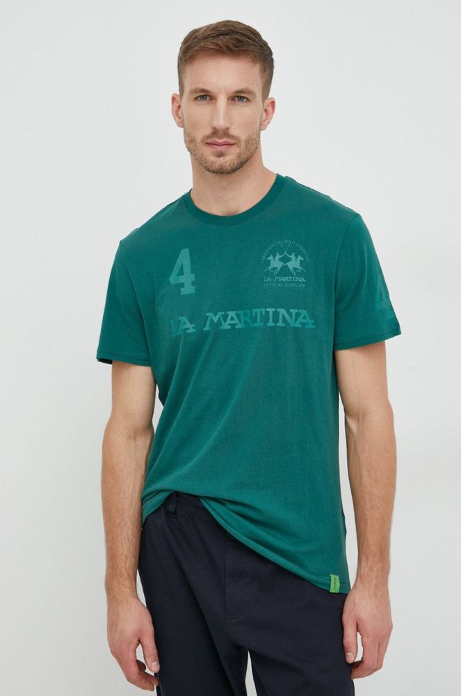 Бавовняна футболка La Martina колір зелений з принтом