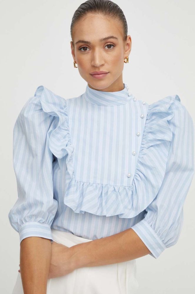 Бавовняна блузка Custommade жіноча візерунок колір блакитний