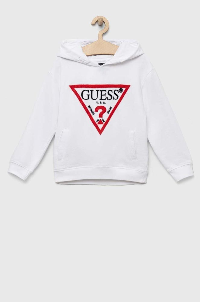 Дитяча бавовняна кофта Guess колір білий з капюшоном з аплікацією (3293576)