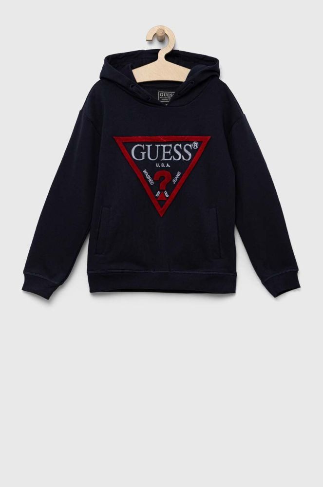 Дитяча бавовняна кофта Guess колір синій з капюшоном з аплікацією (3293582)